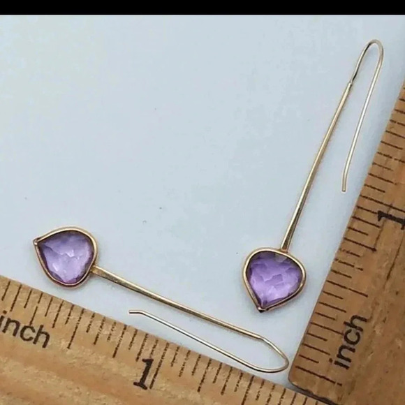 14K Yellow Gold Amethyst Drop earrings 1.5” dangle minimalist Luxe jewelry - Picture 5 of 14